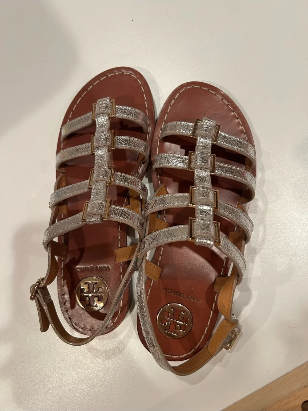 Tory Burch Silver Metallic Strappy Leather Sandals